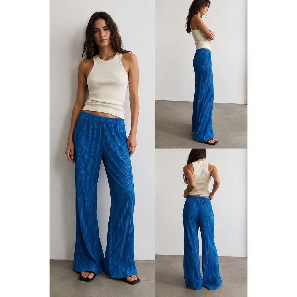Zara Plisse Wide Leg Pants Large Blue Excellent High Waist Pleated Trousers